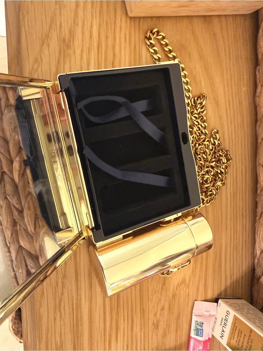 Dior Metallic Gold Box Clutch with Cylindrical Accent and Chain